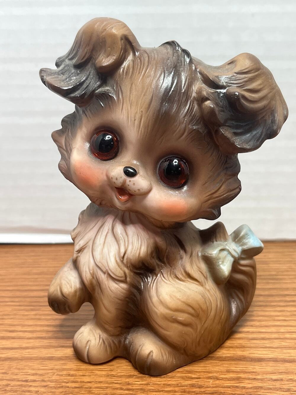 Vintage Big Eye Puppy Dog Figurine 5.5" Ceramic Kitsch MCM Brown Bow